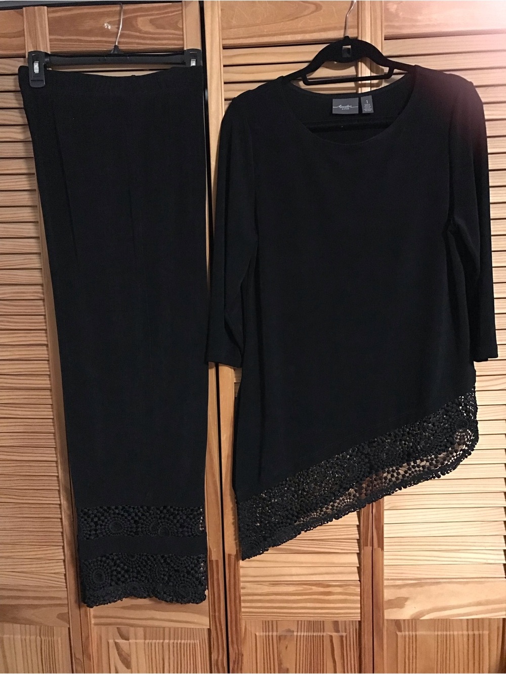 Chico's Black Asymmetrical Tunic & Straight-Leg Pants Set with Lace Trim